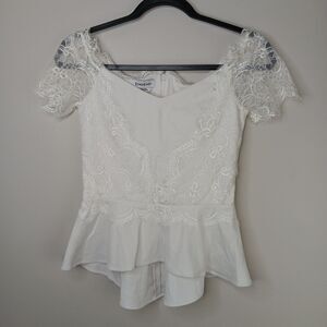 Bebe Peplum Top Women's Size XS White Lace Ruffle Event Night Out Feminine